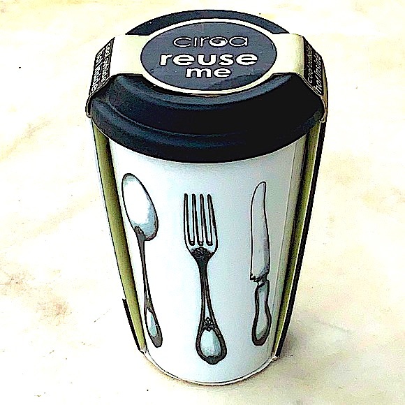 CIROA REUSE ME TRAVEL MUG UTENSILS SILICON LID COFFEE 10 OZ (SPOON FORK KNIFE) - Picture 1 of 4